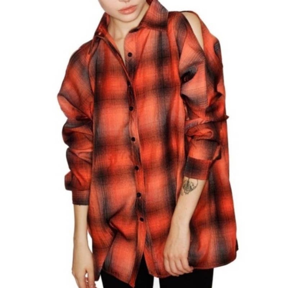 UNIF Orange Brown and Gray Plaid Button Up Cold Shoulder Shirt Size XS
